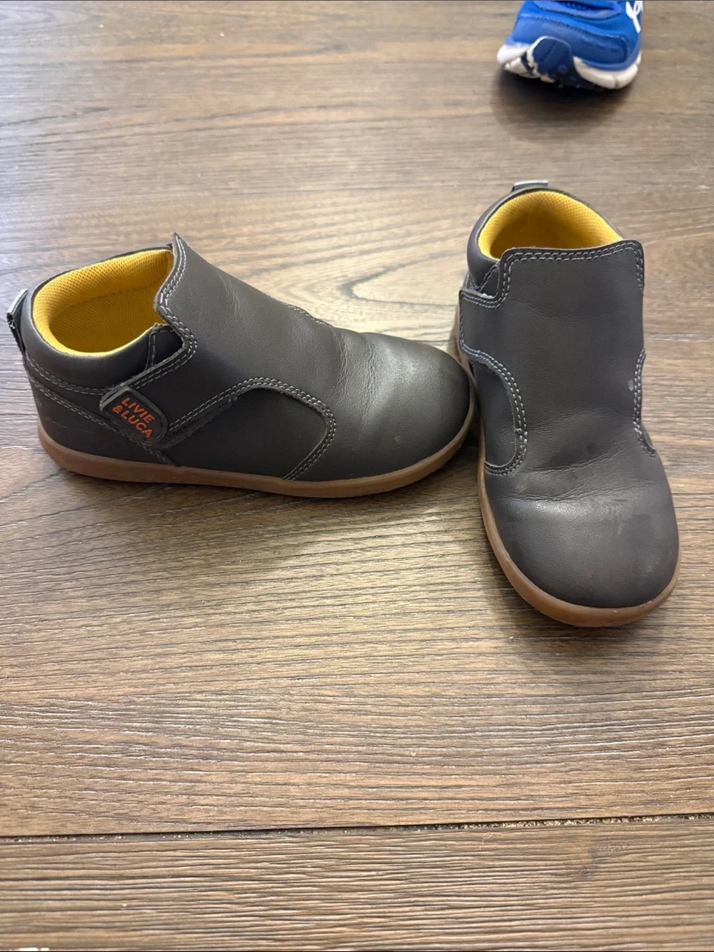 Livie & Luca Gray Leather Toddler Boots with Yellow Interior